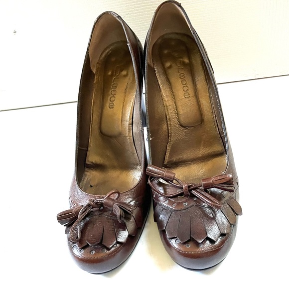 Shiny light brown real leather loafers with tassel & bow comfy block heels US9.5 - Picture 1 of 11